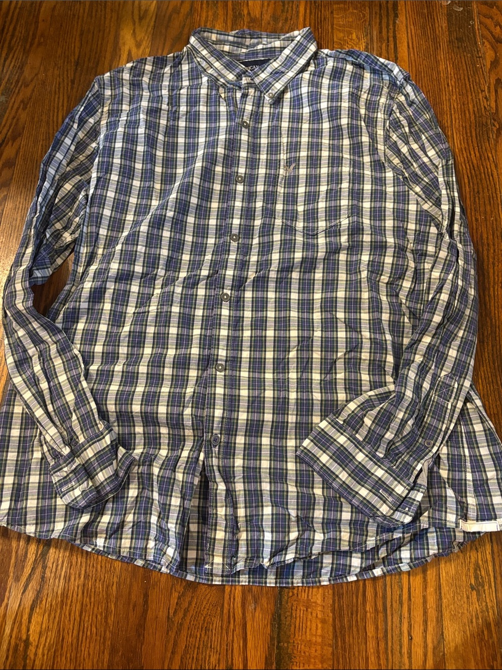 🎉American Eagle Outfitters Navy, Purple, and White Plaid Button-Down Shirt